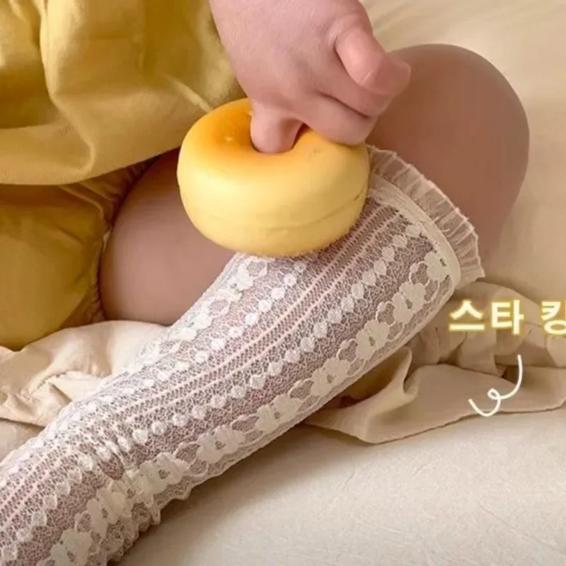 Кружевные чулки до колена для девочек, милые носки принцессы в Королевском Стиле для малышей, милые цветы, японская Лолита