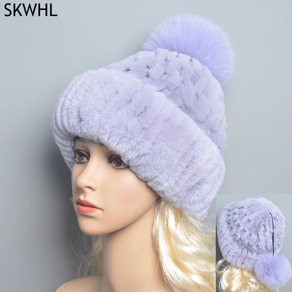 

European Station Luxury Women's Real Rex Rabbit Fur Rainbow Hats Lady Winter Warm Beanie Cap Bucket Hat With Fox Fur Pom Poms