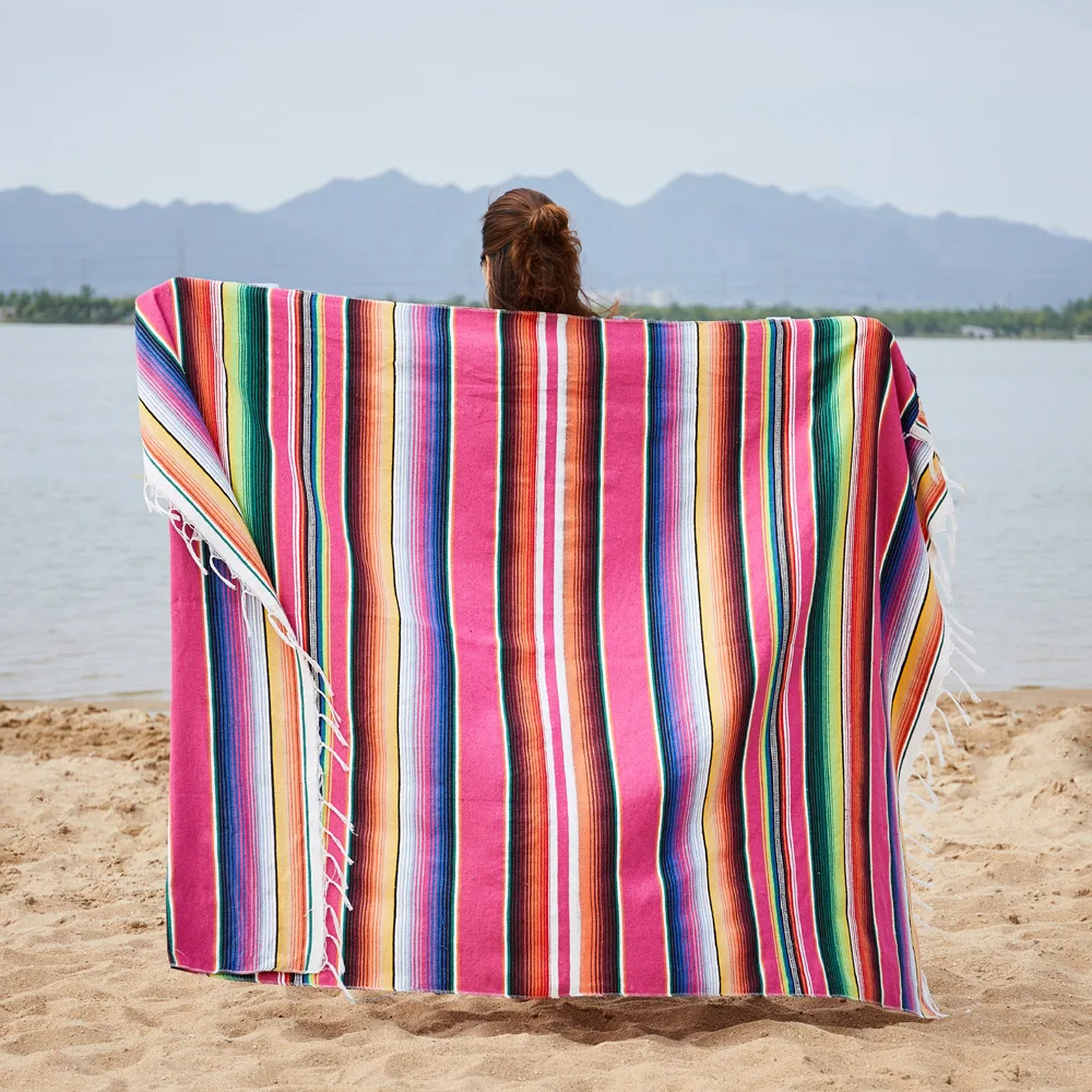 American Mexican Rainbow Striped Blanket, Cotton Party Table Runner, Sofa Cobertor, Hanging Tapestry, Bed, Plane, Tassel, Travel 2