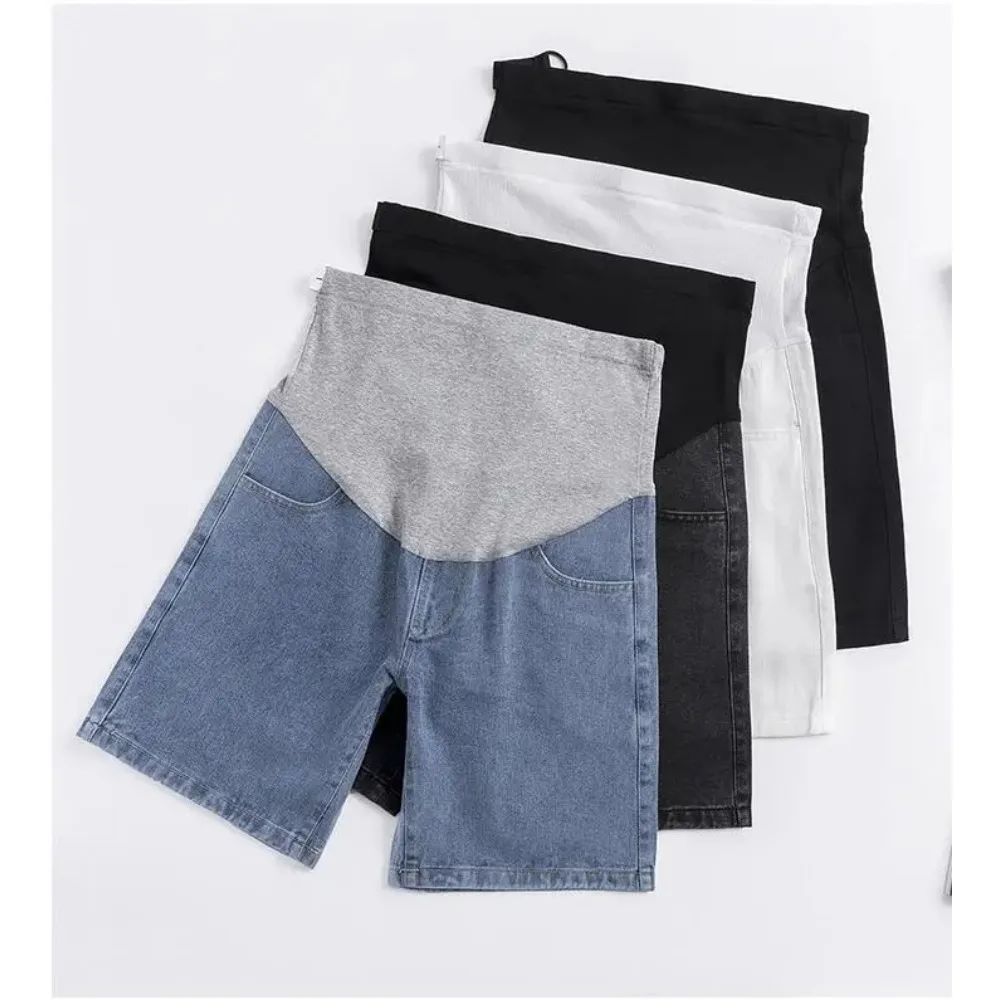 High Waist Side Stripe Patchwork Maternity Cotton Trousers Adjustable Waist Short Jeans Korean Style Pregnant Woman Denim Shorts