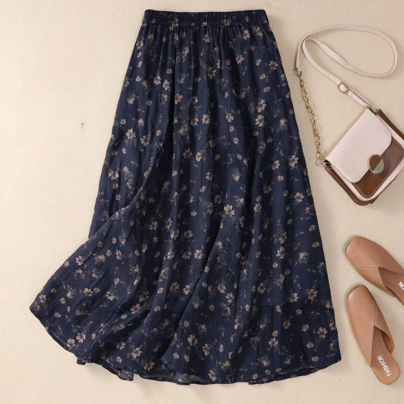 Chinese Style Women's Skirts Vintage Prints Skirt Cotton Linen Loose Spring/Summer High Waist A-LINE Clothing 2024 Korean