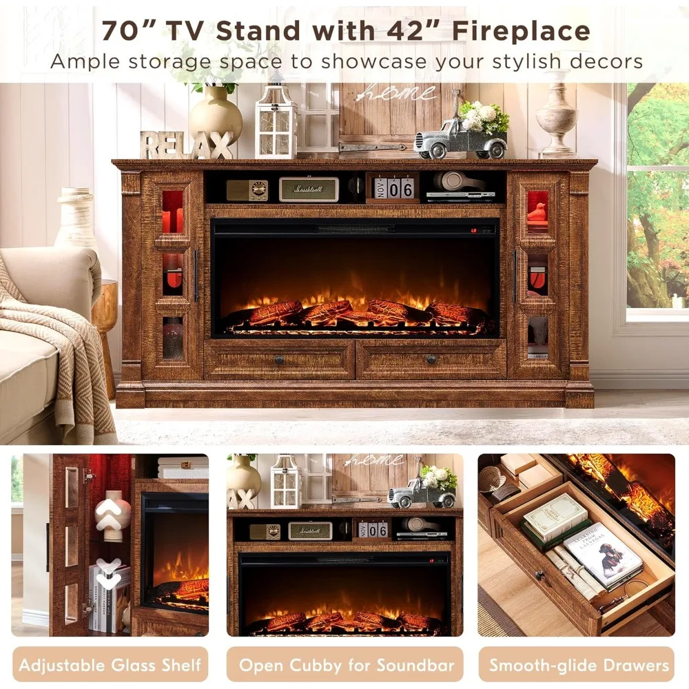 TV Stand with Fireplace for up-to-80 TV, Farmhouse 72" Entertainment Center with 42" Electric Fireplace 4
