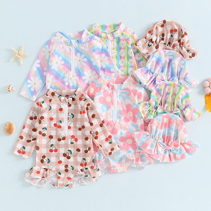 Little Girl Swimwear Set Zip Up Round Neck Long Sleeve Rash Guard Floral Swimsuit Bow Sun Hat Toddler Bathing Suit Outfits 6M-5T 1