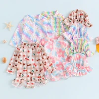 Little Girl Swimwear Set Zip Up Round Neck Long Sleeve Rash Guard Floral Swimsuit Bow Sun Hat Toddler Bathing Suit Outfits 6M-5T 1
