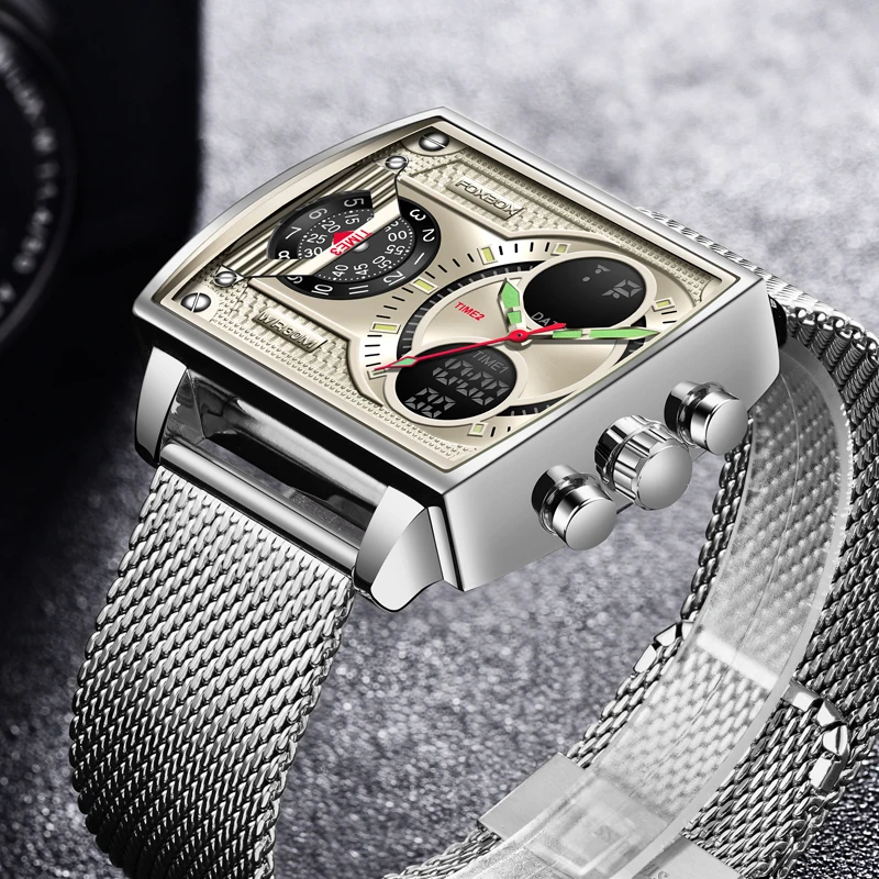 FOXBOX Men Watch Luxury Square Sport Watch For Men Double Display Watches Mens Quartz WristWatch Date Clock Relogio Masculino