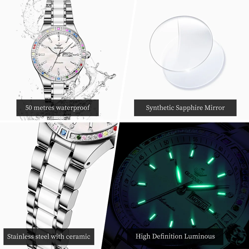 OUPINKE 3283 Women's Watch Luxury Dual Calendar Automatic Watch For Women Waterproof Mechanical Wristwatch Ceramic Steel Strap