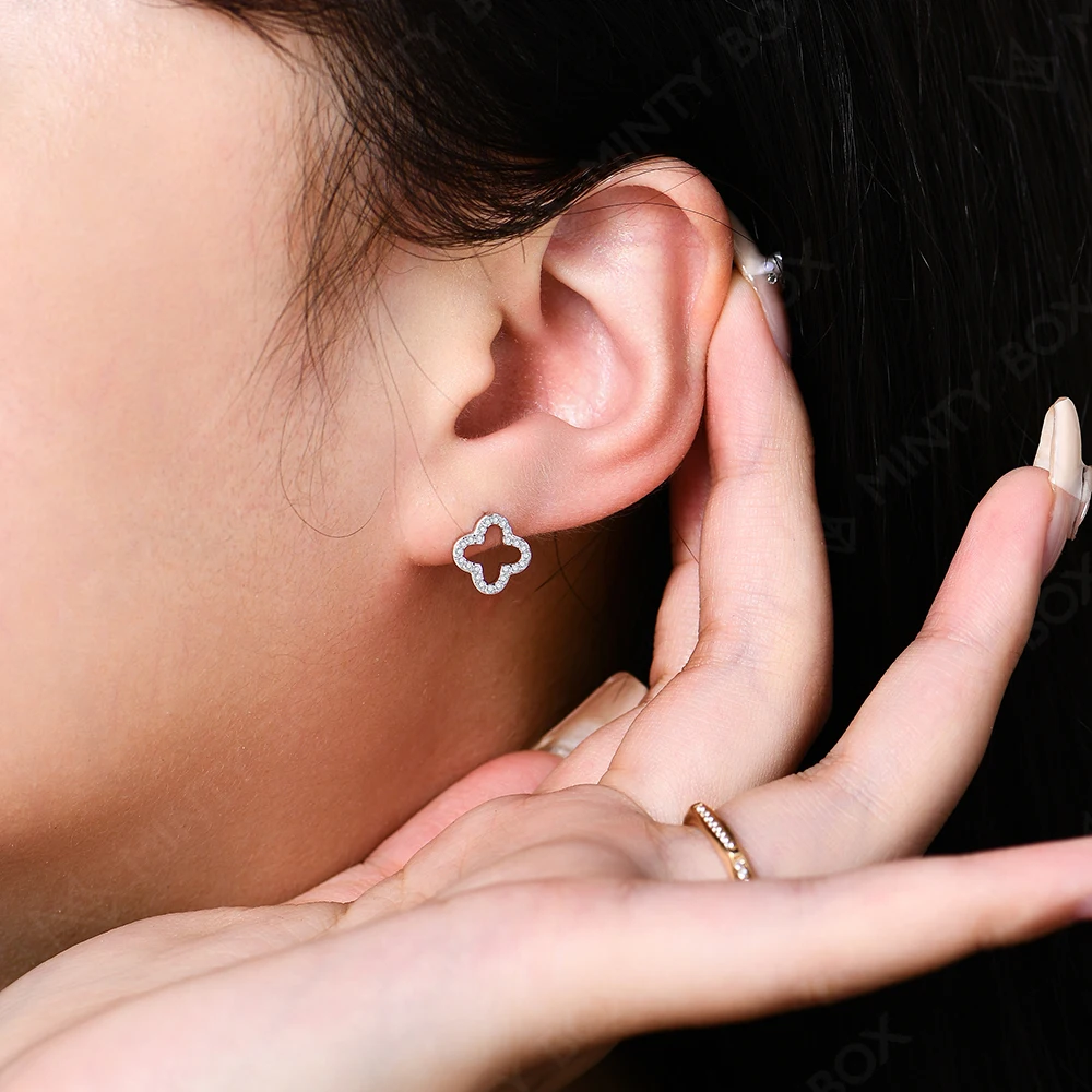 S925 Sterling Silver Moissanite Diamond Stud Earrings for Women Clover 18k White Gold Plated Flower Wedding Fine Jewelr