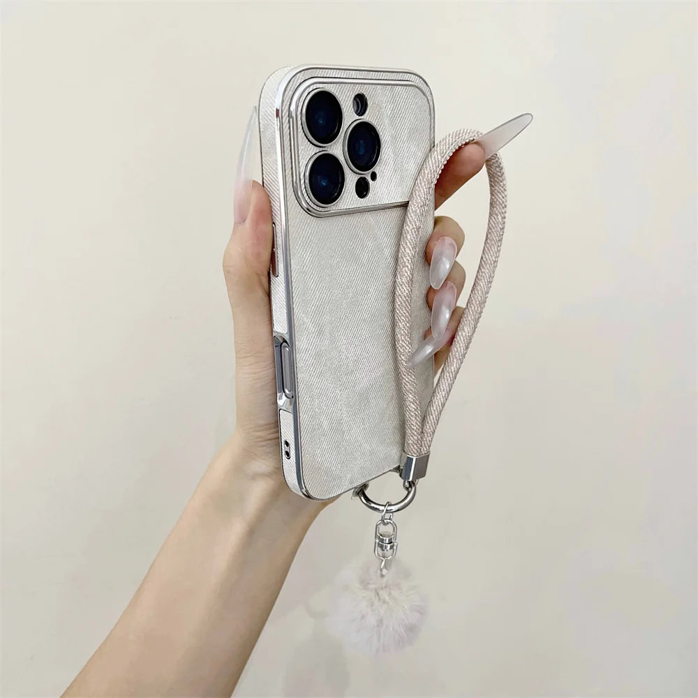 Luxury Jeans Denim Phone Case with Lanyard Wrist Strap and Matte Back Cover