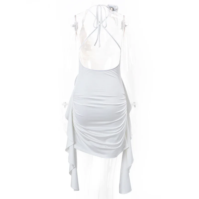 Vestido sexy sin espalda para mujer, con volantes, pliegues, liso, ajustado, minivestido de fiesta para mujer, sexy, con escote en V y cordones.