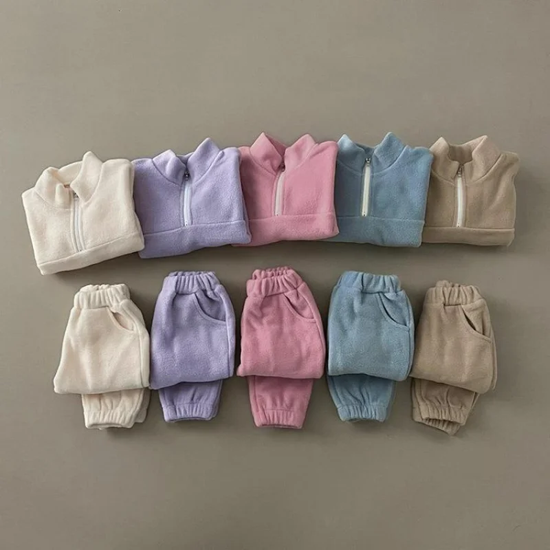 

Children Autumn Winter Plus Velvet Sports Set Boy Girl Baby Solid Long Sleeve Tops + Pockets Pants 2pcs Suit Kids Tracksuit Sets