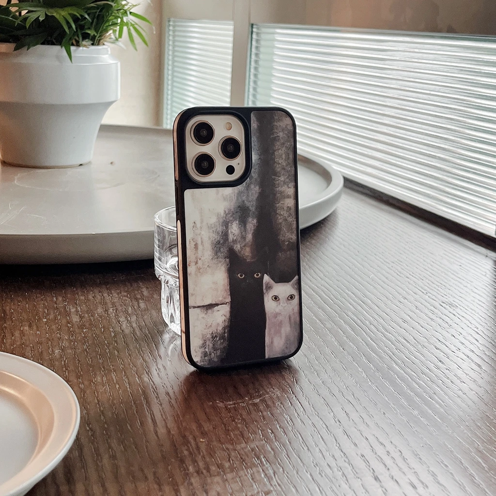 Custodia Per Telefono Gatto Bianco Nero Con Pittura A Olio Per Iphone 15 14 13 12 Pro Max
