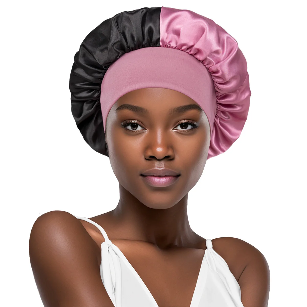 Women's Satin Solid Wide-brimmed Sleeping Hat Unisex Color-block Head Wrap Elastic Band Cap Hair Care Bonnet Night Hat 5