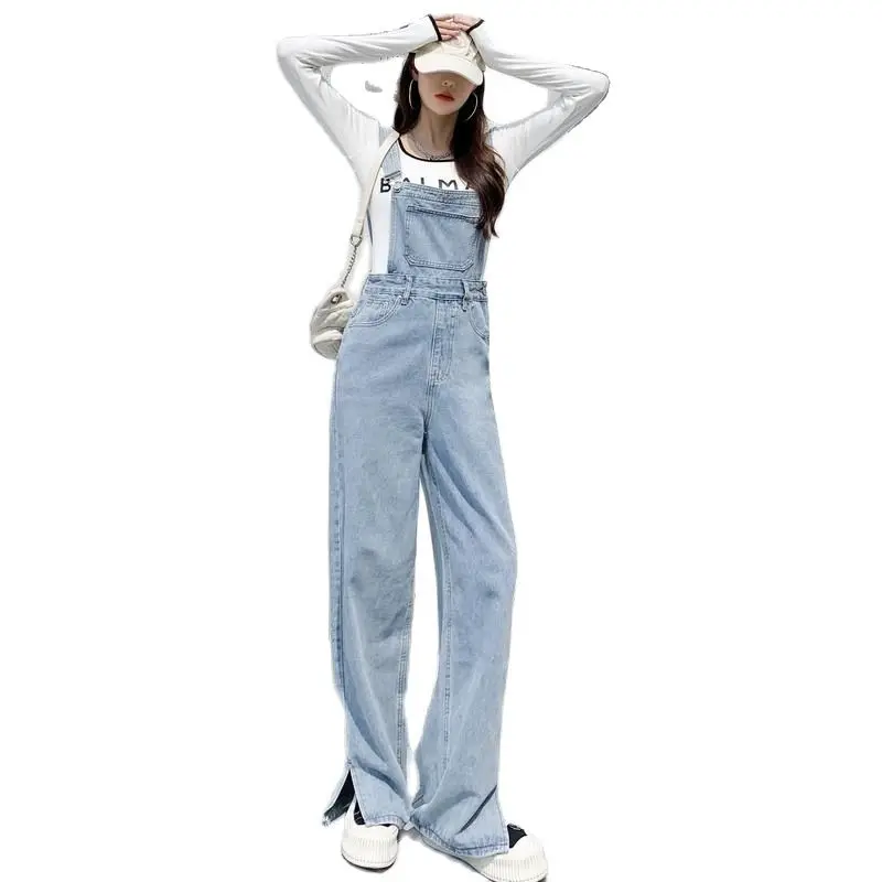 Cotton Denim Jumpsuit Casual Fashion Women Jeans Long Straight Legs Big Pocket Splits at Hem