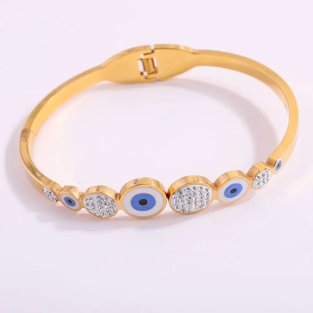 304 Stainless Steel Turkish Devil's Eye Blue Crystal Bracelet Ladies Jewelry Retro Drip Elegant Buckle Woman Bangle 6
