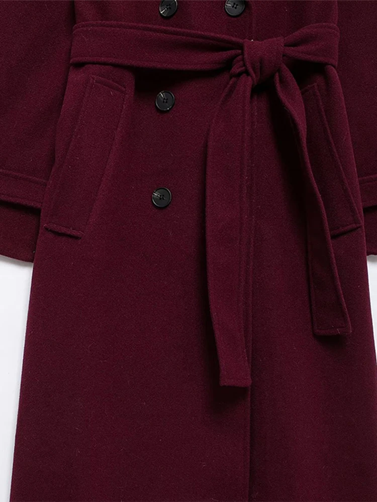 Elegant Burgundy Woolen Coat With Belt Women Lapel Full Sleeve Double Breasted Lady Overcoat 2024 Autumn Winter Female Outwear 6