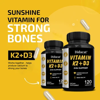 Didacat Vitamin D3+K2 Capsules, Support Calcium Absorption Bone Teeth Heart Brain Health Joints Immune Function