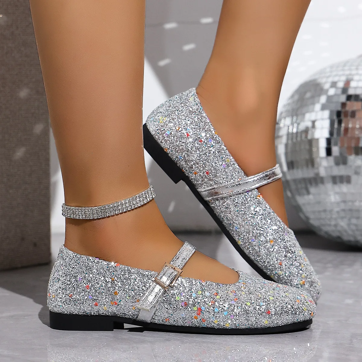 Elegant Flat Square Heel Women's Mary Jane Shoes Sequined Versatile Single Footwear for Spring Autumn Fashion