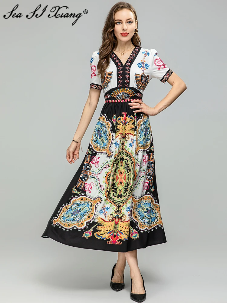

Seasixiang Fashion Designer Spring Summer Women Long Dress Crystal V-Neck Short Sleeve Indie Folk Print Large Pendulum Dresses