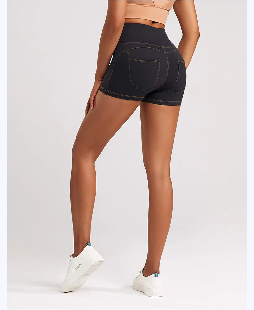 Hot Denim Fitness Women's High Waisted Sport Short Yoga Tennis Running Pilate Bottom with Pocket Tight Biker Shorts Workout Pant