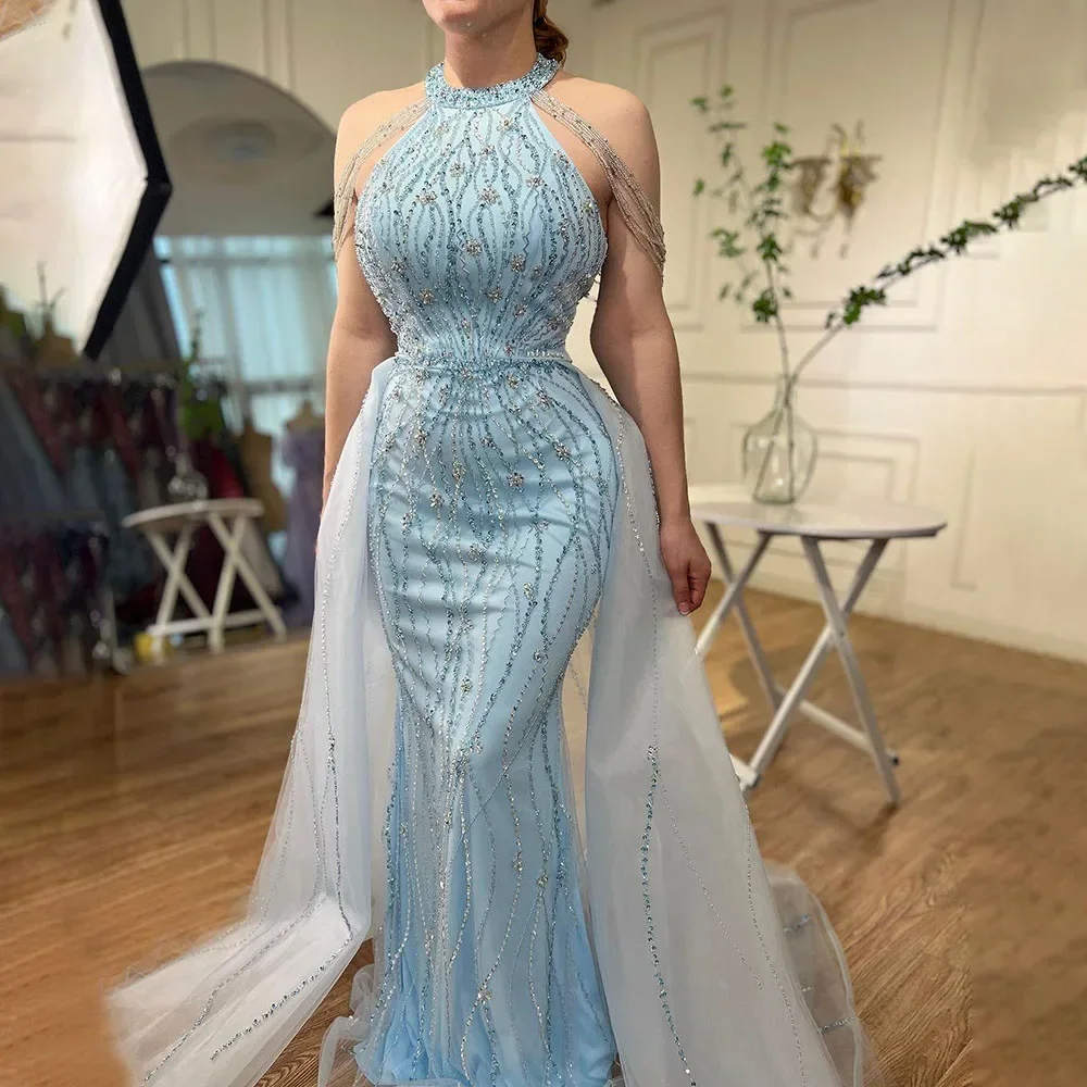 

GiayMus Elegant Blue Halter Sleeveless Mermaid Overskirt Beaded Evening Gown 2024 Formal Party Dresses For Women EV72054
