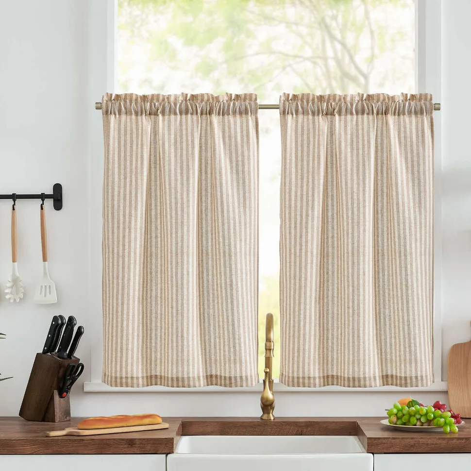 Linen Kitchen Curtains - Japanese Striped Short Rod Pocket Drapes