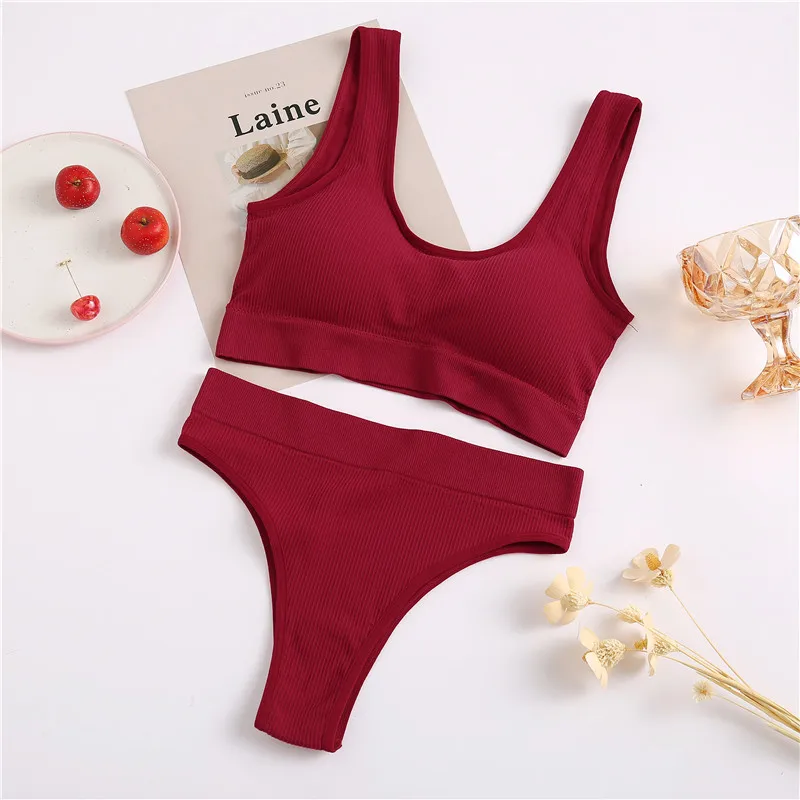 2PCS/Set Underwear Women Seamless Bra Wireless Bralette Lingerie Sexy High Waisted Panties Cotton Woman Lingerie_voghion.com