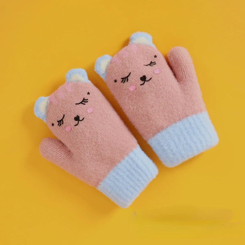 Winter Baby Gloves Plus Velvet Thickened Brushed Child Kids Baby Girls Boys Outdoor Riding Gloves Cartoon Cats 3-5Years