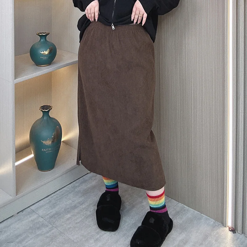 Plus Size Women Skirt Autumn Winter Loose Both Sides Slit Elastic Waist Skirt 66666