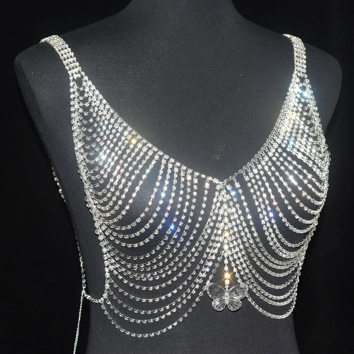

Sexy Tassel Rhinestone Women's Lingerie Body Chain Top Butterfly Crystal Chest Bra Bikini Braces Vest Luxury Bling Party Jewelry