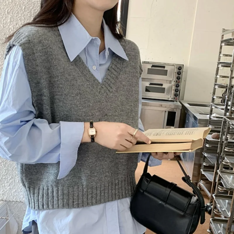 Women V Neck Knitted Vest Sweater Autumn Casual