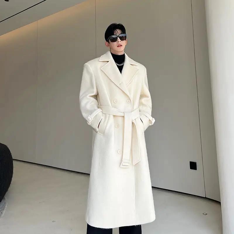 IEFB Korean Men Woolen Coat Casual Lapel Double Breasted Long