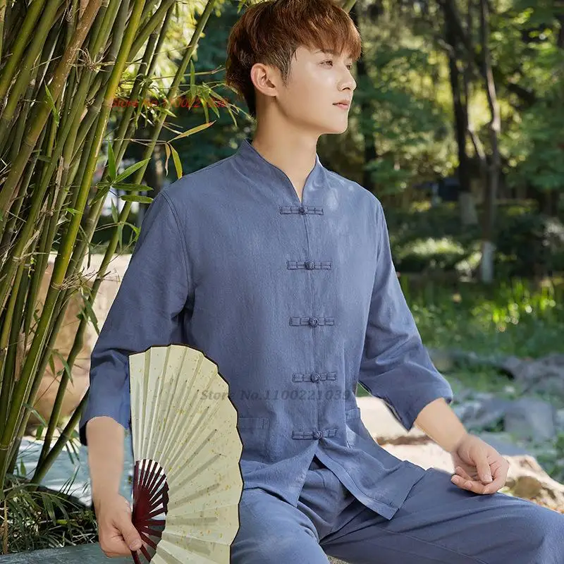 

2024 traditional chinese men vintage cotton linen suit tops+pants set national meditation clothes retro buddhist tai chi set