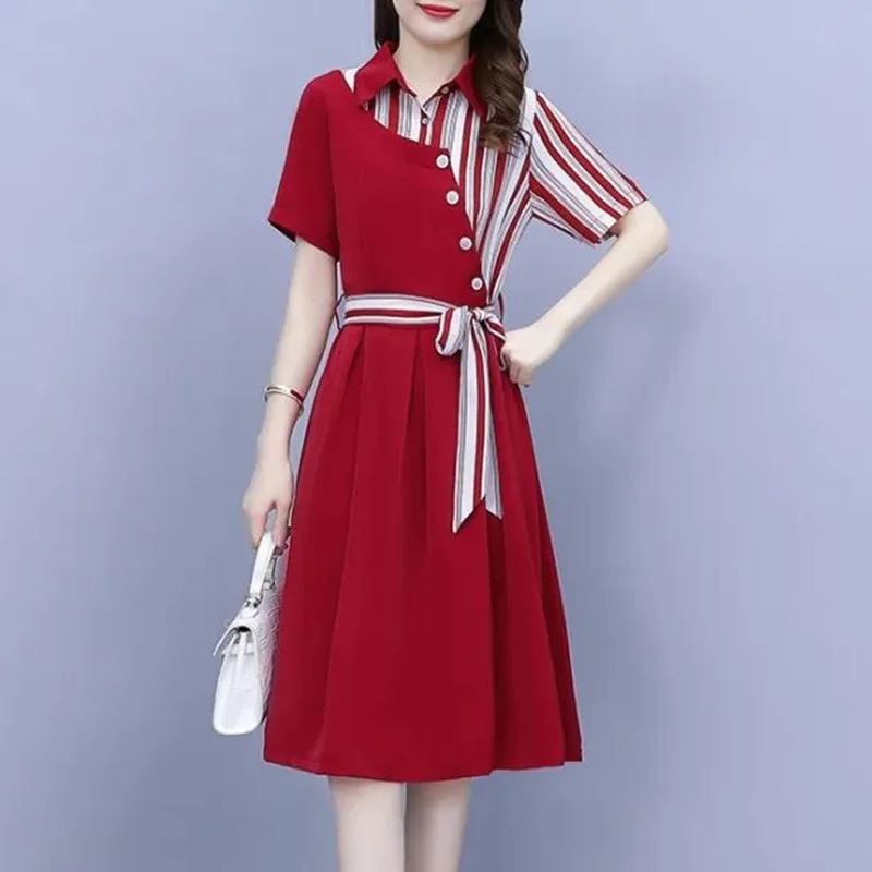 

Elegant Lapel Spliced Loose Bandage Bow Striped Midi Dress Women's Clothing 2023 Summer New Oversized Asymmetrical Party Dress