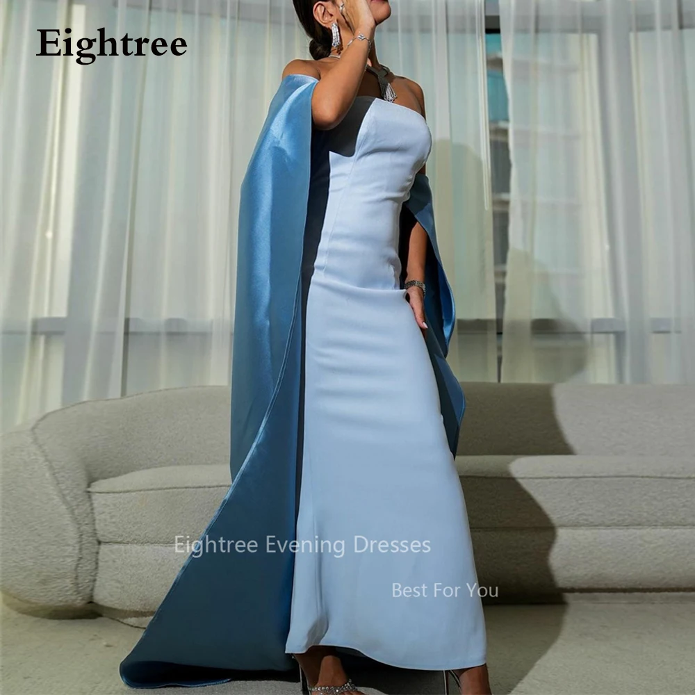 

Eightree Blue Sheath Midi Prom Dresses With Tail Saudi Arabic Off The Shoulder Pleats Evening Dress Formal Party Bridesmaid Gown