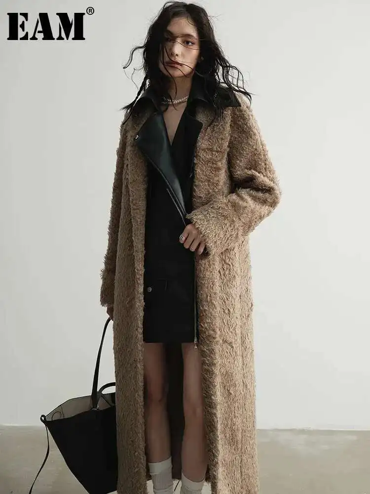 [EAM] 30% Wool Pu Leather Big Size Long Woolen Coat New Lapel Long Sleeve Women Jacket Fashion Tide Autumn Winter 2025 1DH7519