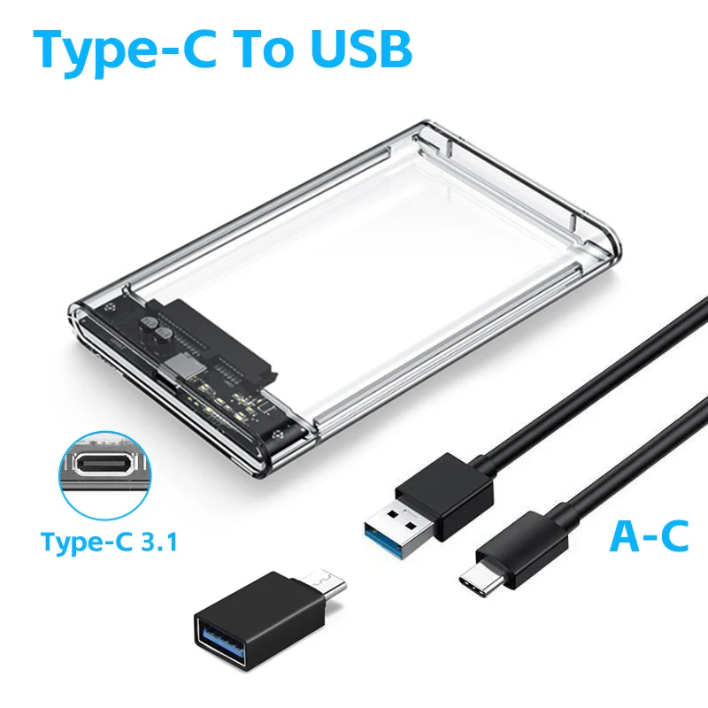 2.5 Inch USB 3.0 External Hard Drive Enclosure SATA to USB3.0 UASP Clear Portable Hard Drive Case 2T HDD Tool-Free Transparent