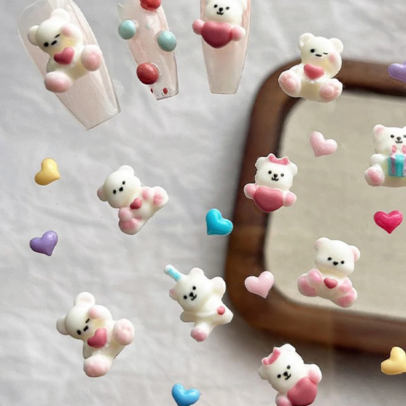 3D Kawaii Resin Cartoon Bear Nail Charms Colorful Heart Nail Art Decoration DIY Manicure Crafts Accessories