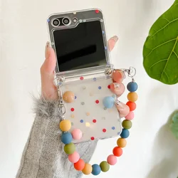 Cute Colorful Round Bead Wrist Strap Case with Transparent Hinge Protection Cover for Samsung Z Flip 4 (CSBDSL)