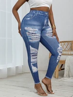 Plus Size Women's Tight Leggings Imitation Denim Print Ripped Pattern High Elastic Sports Pants Comfortable Casual Fashionable Knitted Pants - Image 4