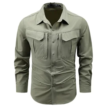 Men Outdoor Elastic Quick Drying Cargo Shirts Multi Pockets Tooling Shirts New Spring Male Breathable and Comfortable Shirts 4XL 1