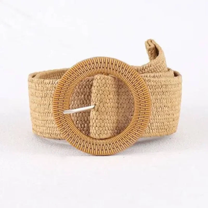 CAMEL WOVEN BELT Round Buckle Camel Straw Woven Belt for Dresses Boho Bohemian Raffia Jewelry & Beach Clothing Accessories