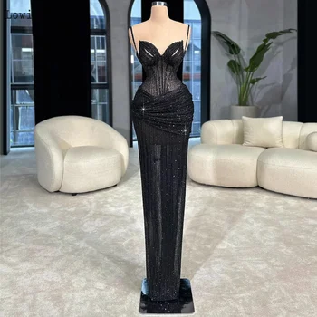 Black Spaghetti Strap Dress Sexy Elegant Evening Dress Perspective Lace Sparkling Evening Dress Mermaid Party Dress Customized 1