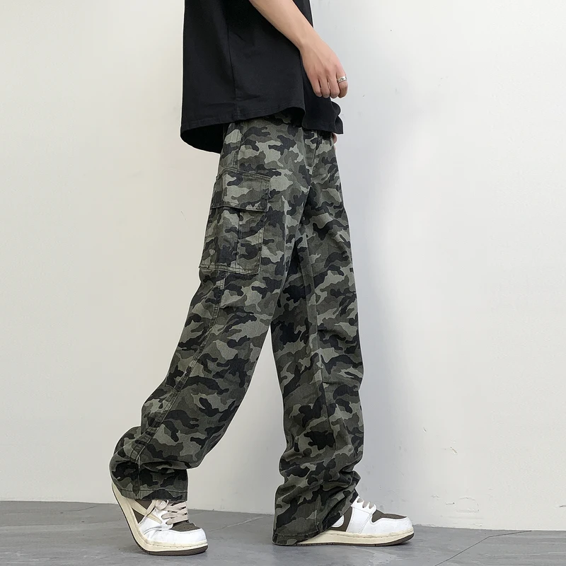 Camouflage Cargo Pants Unisex Y2K Retro 100 Cotton Multi-Pocket Wide Leg Pants Men's Tactical Street Clothing Straight Leg Pants
