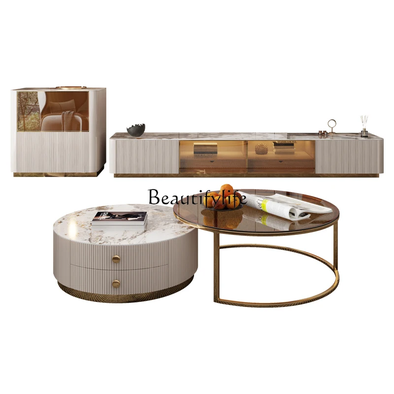 

TV Cabinet Modern Simple and Light Luxury Wall Cabinet Living Room Stone Plate TV Stand Coffee Table Combination Floor Cabinet