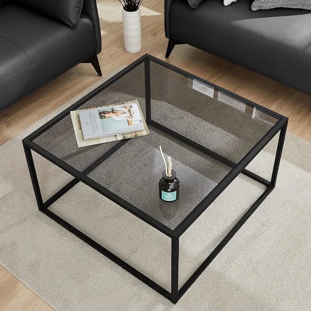 

OEING Glass Coffee Table, Small Modern Coffee Table Square Simple Center Tables for Living Room 26.7 x 26.7 x 15.7 Inches