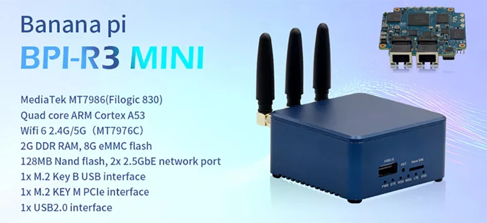 Banana Pi BPI-R3 Mini Router Board Wi-Fi6 2.4G/5G MT7976C 2G RAM 8G eMMC 2x 2.5G