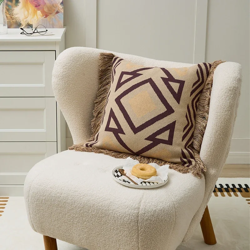 

Soft Cushion Cover Vintage Khaki Grey Blue Retro Pillow Cover Knit 45cm*45cm Fringed Home Decoration Sofa Living room Bedroom