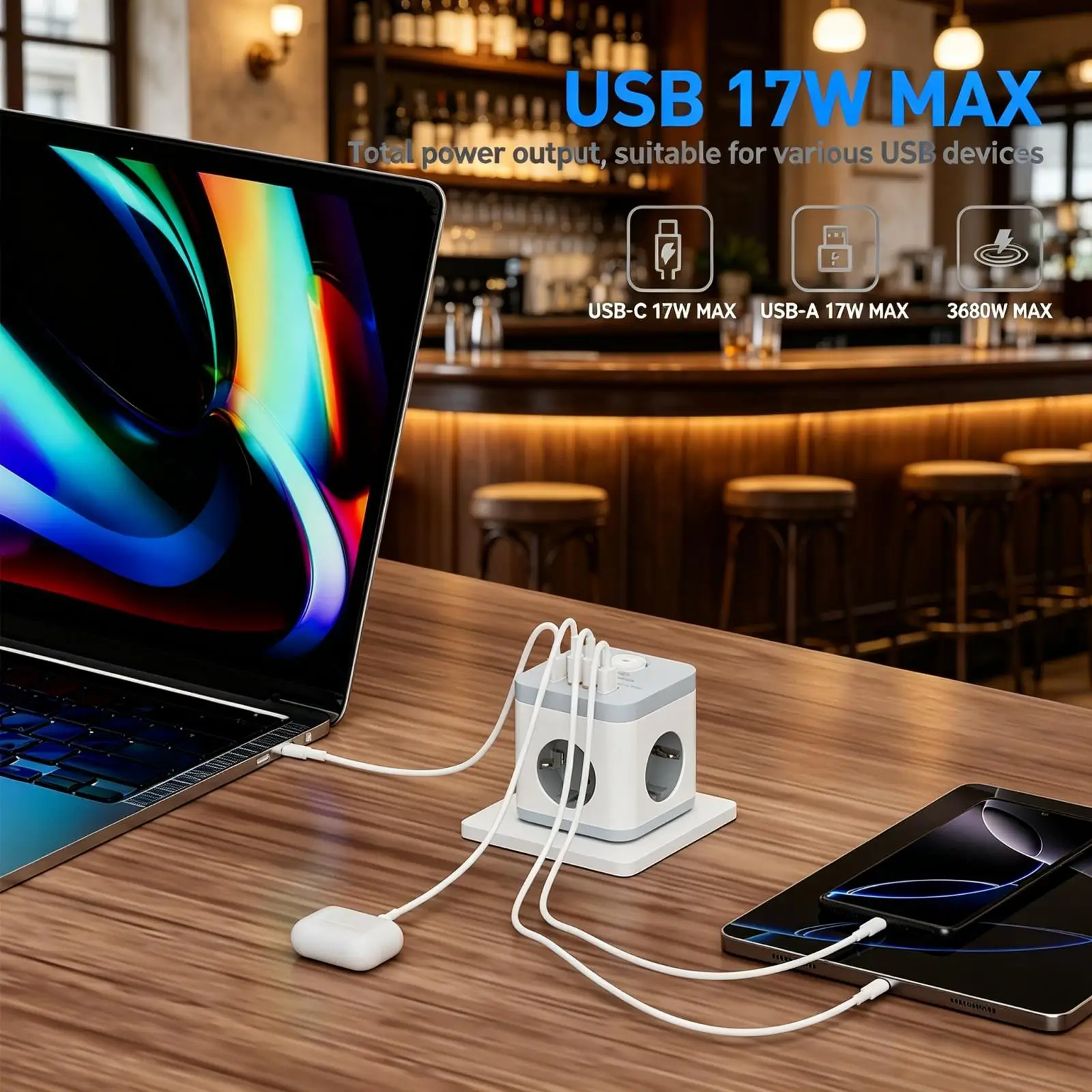 Universal Multi-Function Power Adapter with USB Ports - Compact Cube for International Travel and Home Use, White/Black
