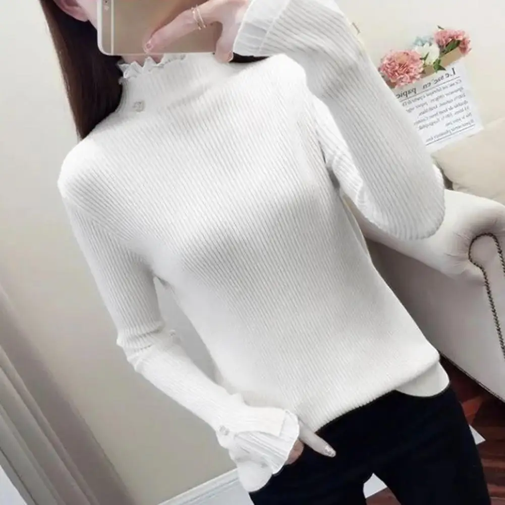 

Ladies Sweater Soft Sweater Chic Knitted Sweaters for Women Slim Fit Half-high Collar Elegant Lace Details for Fall Winter