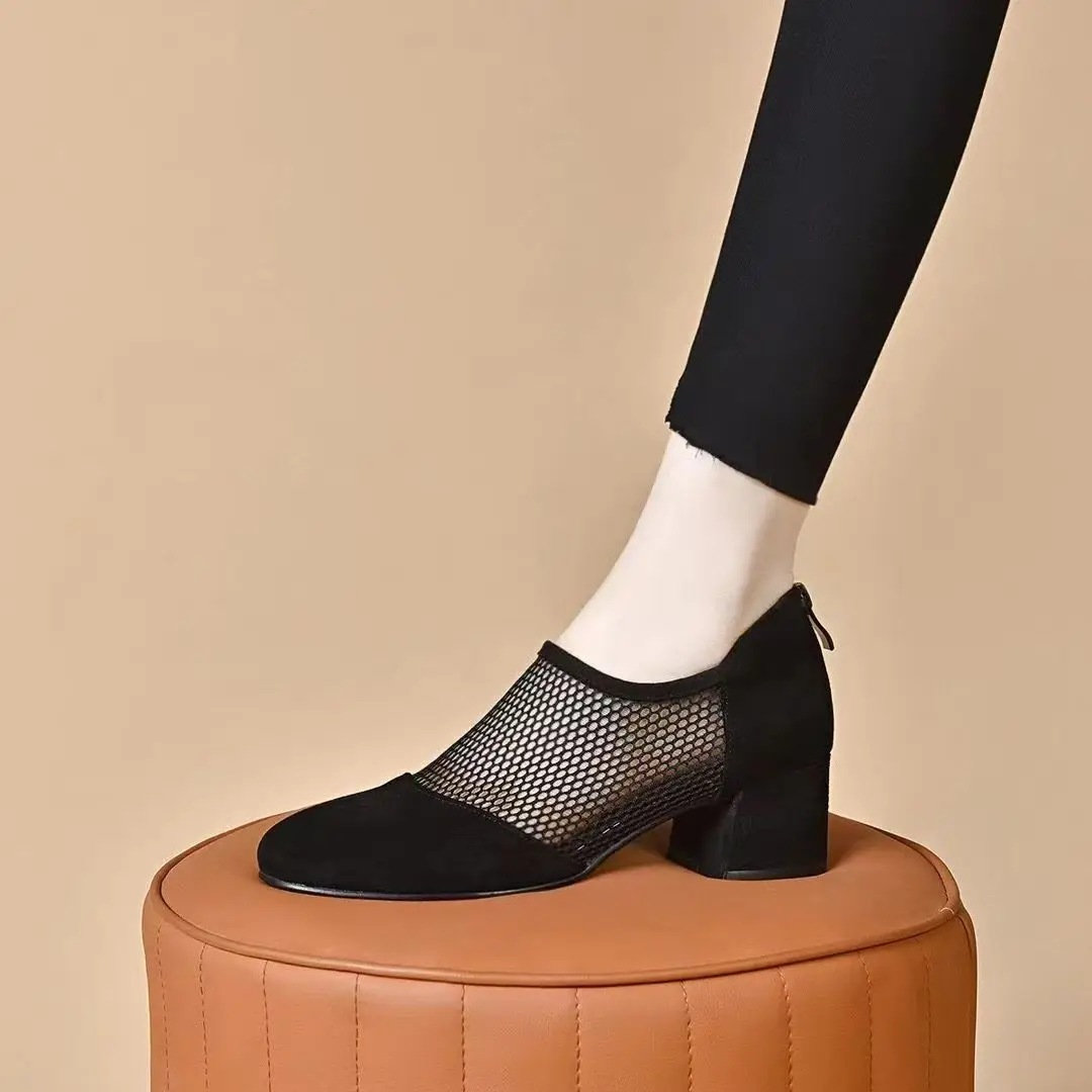 Damen Chunky Heels Stiefeletten für den Sommer 2026 – Mesh-Hohlmuster, Wildlederimitat, kurze Stiefeletten, Übergrößen, spitze Zehenpartie, Sandalen – Detail 8
